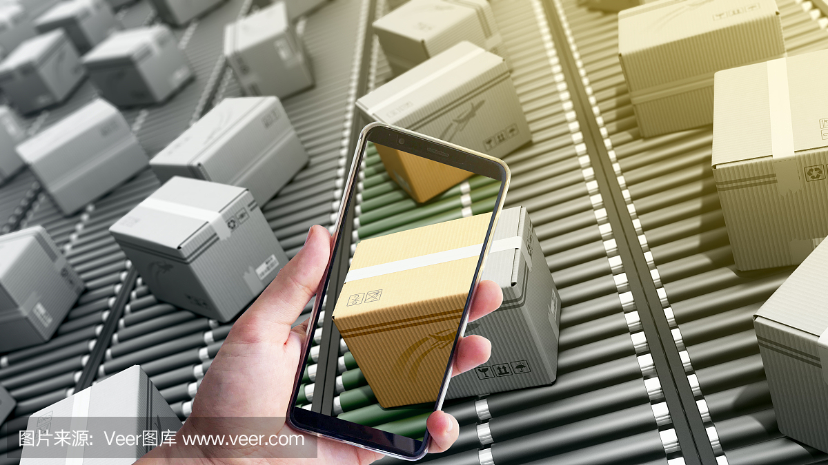 現代快遞搜索包裹概念包裹快遞包裝服務和包裹運輸系統概念紙板箱輸送帶3d渲染