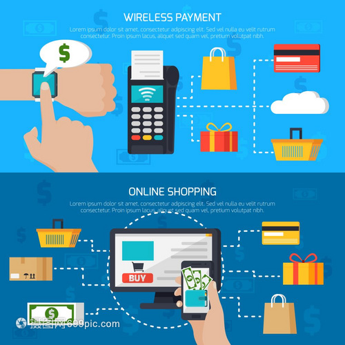 無線支付網(wǎng)上購物橫幅無線支付網(wǎng)上購物兩個(gè)水平橫幅與客戶用小工具購買互聯(lián)網(wǎng)平矢量插圖